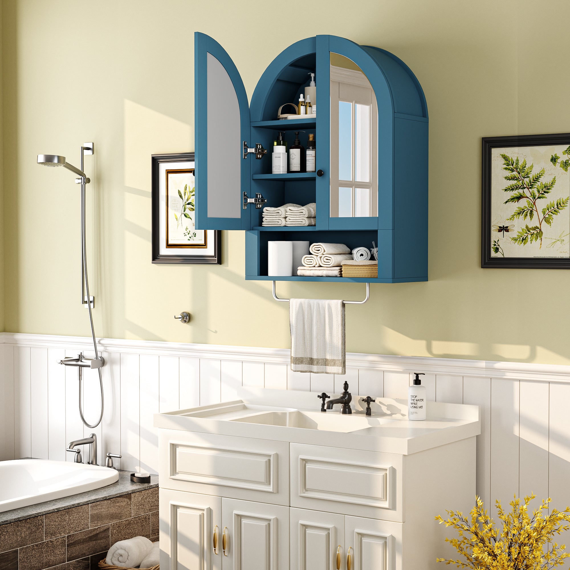 Wall Mounted Arched Cabinet With Mirrored Doors And Adjustable Shelves For Laundry Room, Bathroom, Kitchen