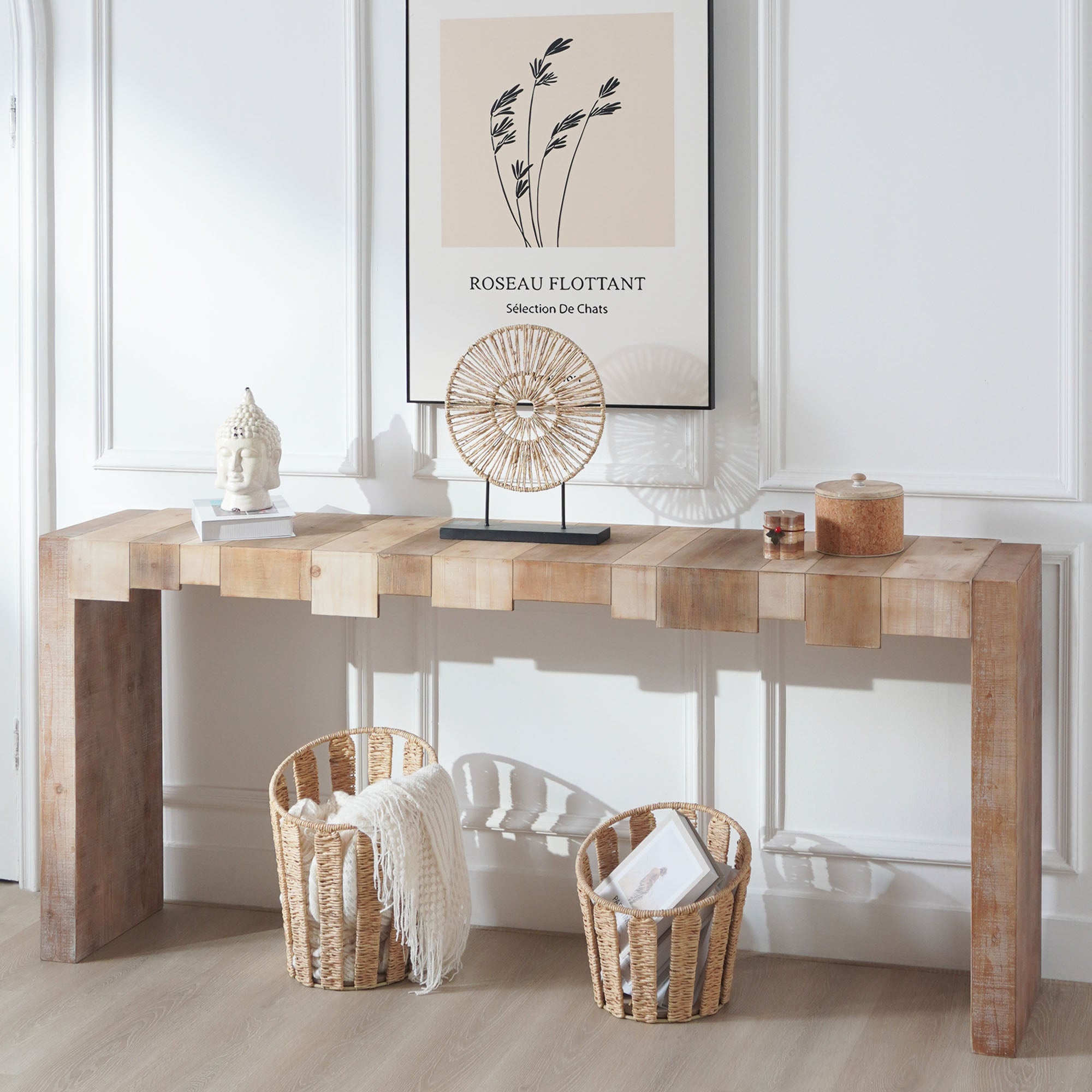 Modern Rustic Console Table - 71  Entryway Table With Sculpted Block Design - Narrow Sofa Table For Hallway, Living Room, Or Foyer