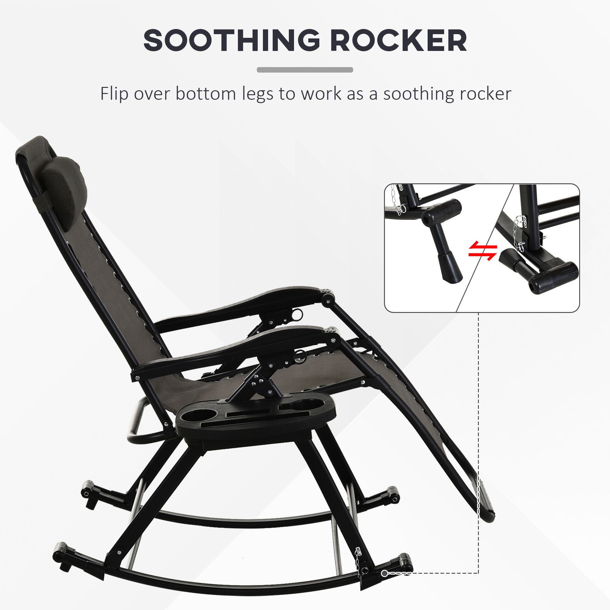 Outdoor Rocking Chairs, Foldable Reclining Zero Gravity Lounge Rocker with Pillow, Cup & Phone Holder, Combo Design with Folding Legs, Gray