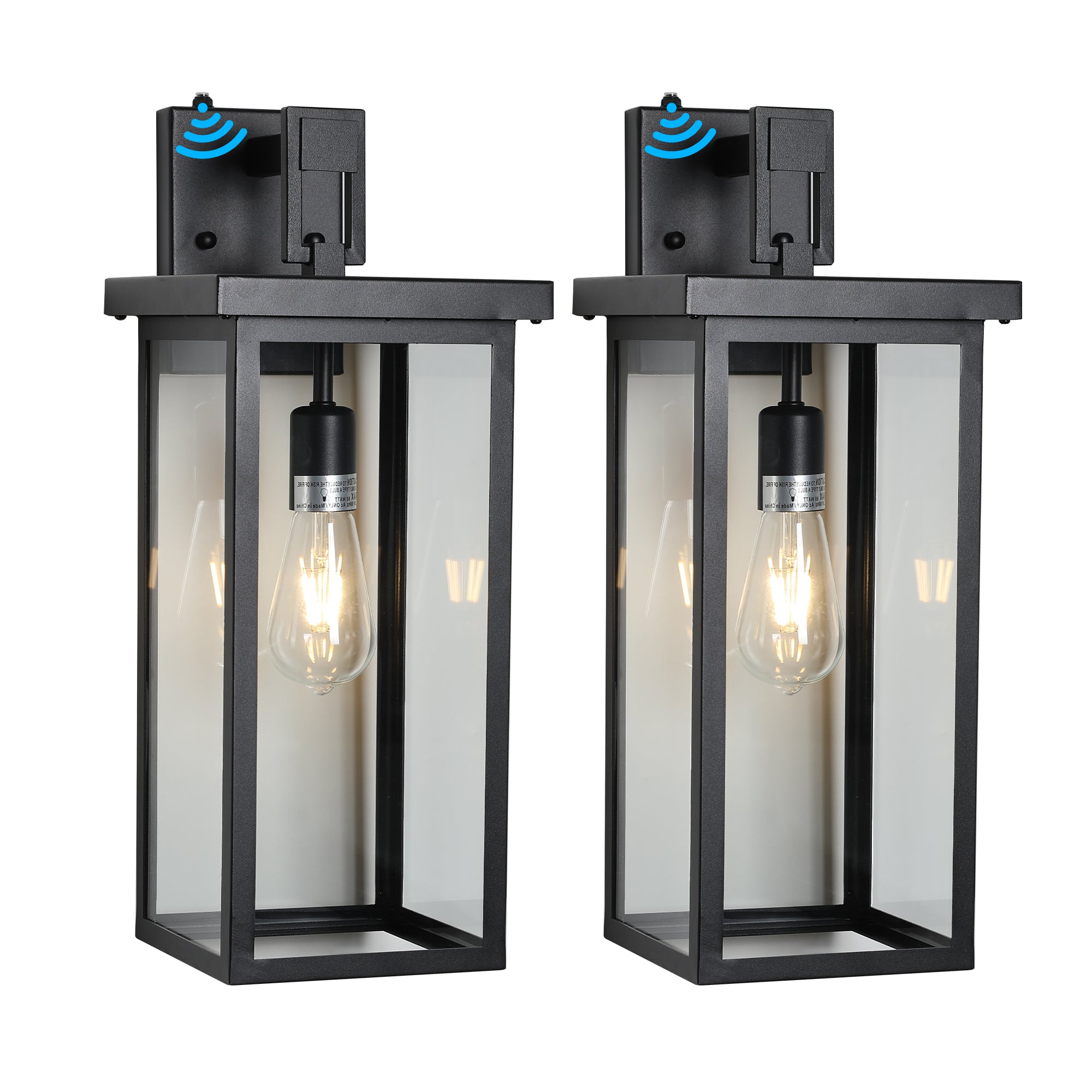 20  H  Set Of 2 Modern Outdoor Wall Lanterns With Black Metal Frame And Clear Glass, Ambient Light Sensors,Weatherproof Wall Sconces For Porch, Garage, Or Entryway Lighting, E26 Bulb Compatible