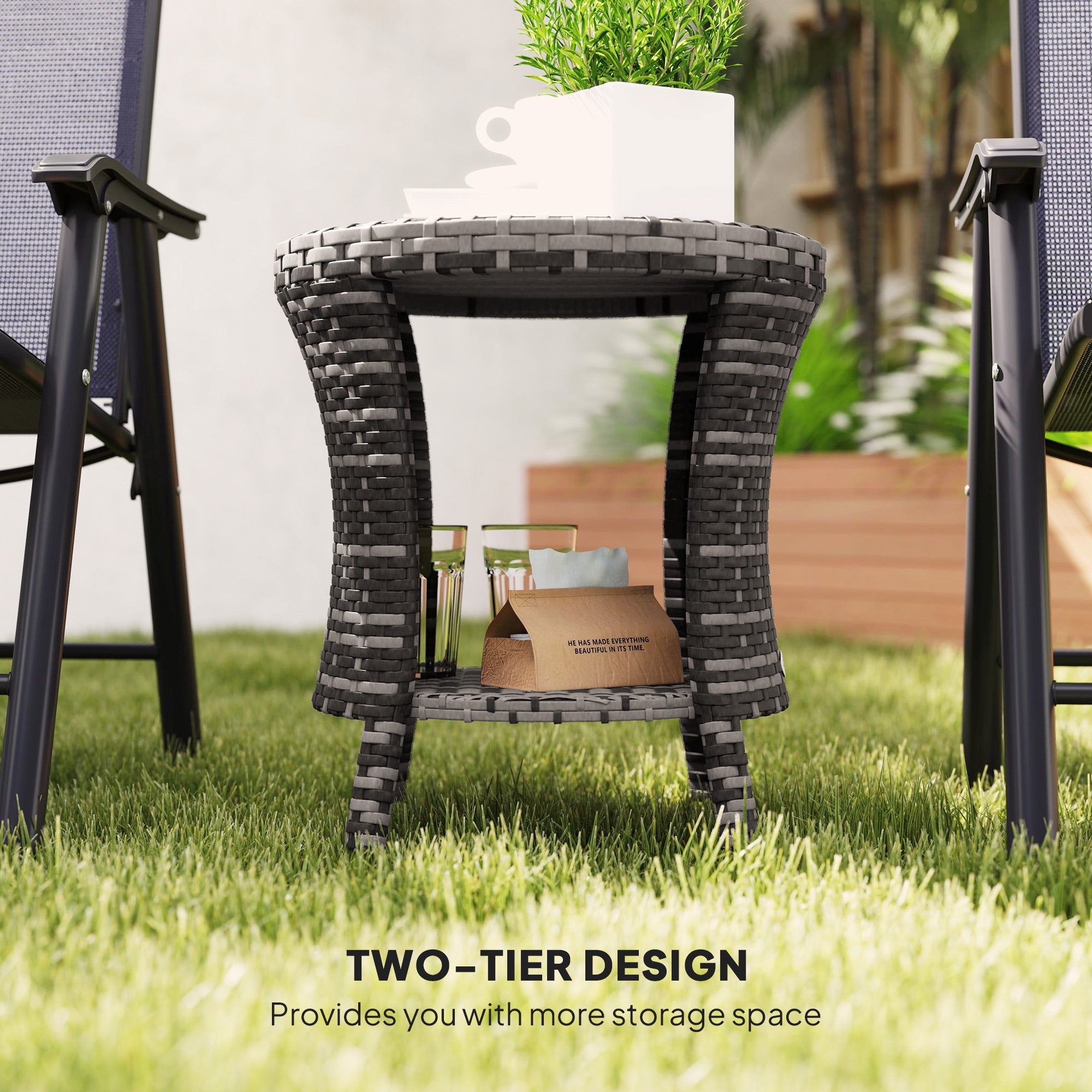 18" Wicker Outdoor Coffee Table, PE Rattan Patio Side Table with 2-Tier Storage, Composite Wood Top, Gray