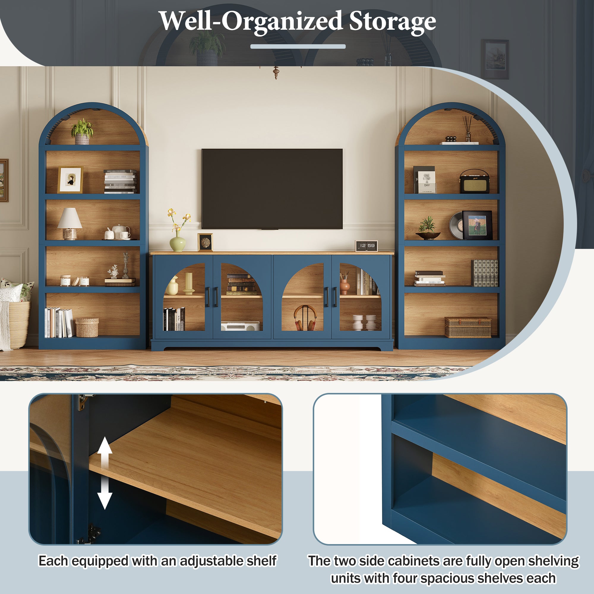 3-Piece Retro TV Stand Set With Bookshelf For TVs Up To 70, Two-Tone Wood Grain Entertainment Center With Arched Design, Farmhouse Sideboard With Tempered Glass Doors For Living Room, Blue Natural