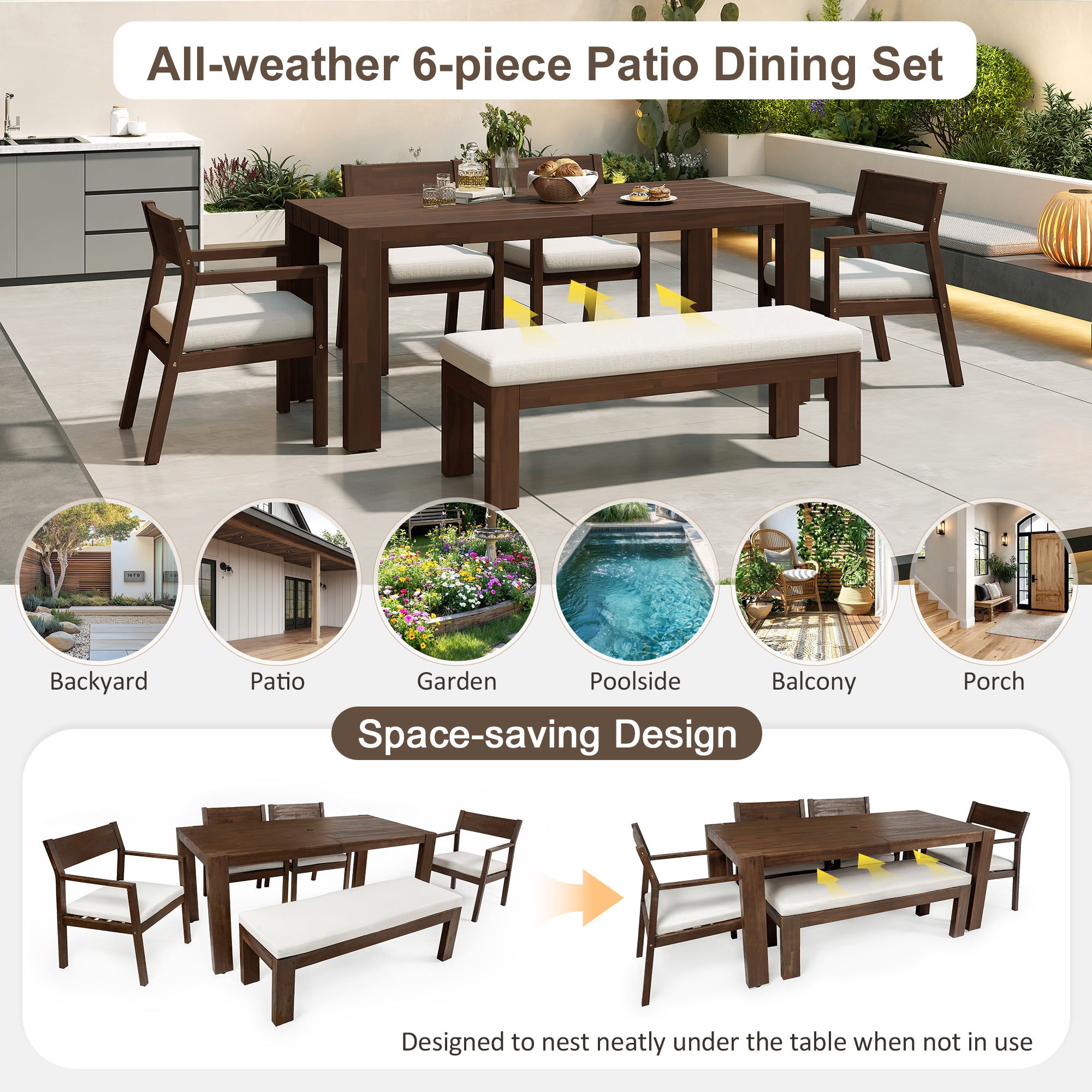 TREXM Patio Dining Table Set For 6  Outdoor Furniture Sets With Umbrella Hole  71 Rectangular Table  Chairs And Bench With Removable Cushions For Backyard  Garden  Poolside  Mocha Beige Cushion