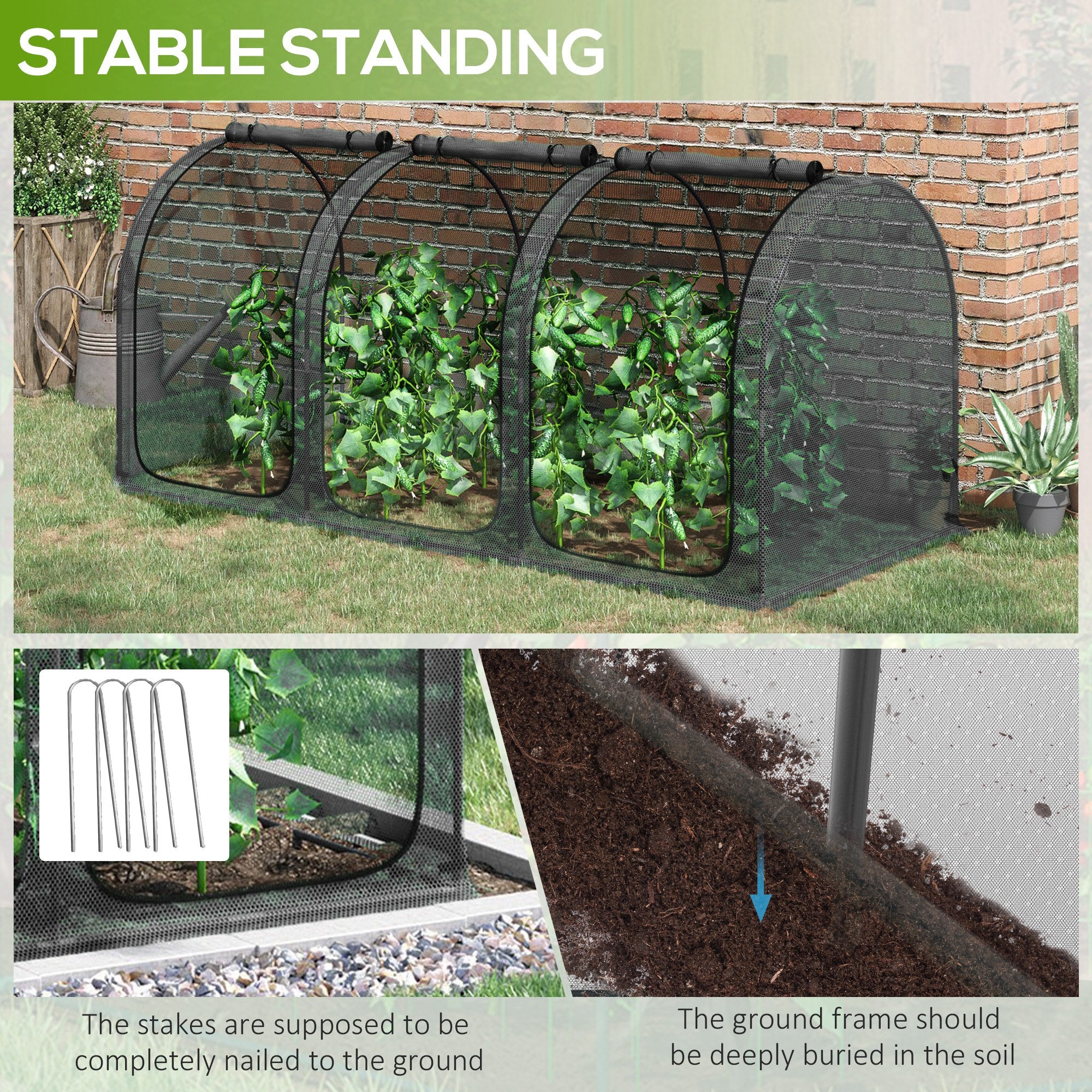 9' x 4' Crop Cage, Plant Protection Tent with Three Zippered Doors, Storage Bag and 4 Ground Stakes, for Garden, Yard, Lawn, Black