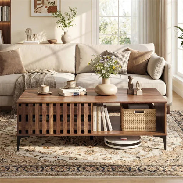47 Inch Mid-Century Coffee Table With Storage Cabinets & Open Compartment, Walnut Wooden Look Accent Table With Heavy-Duty Metal Legs For Living Room