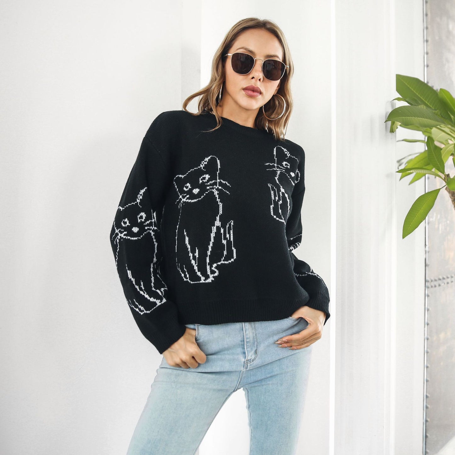 Loose Autumn And Winter Long Sleeve Cat Brocade Sweater Women