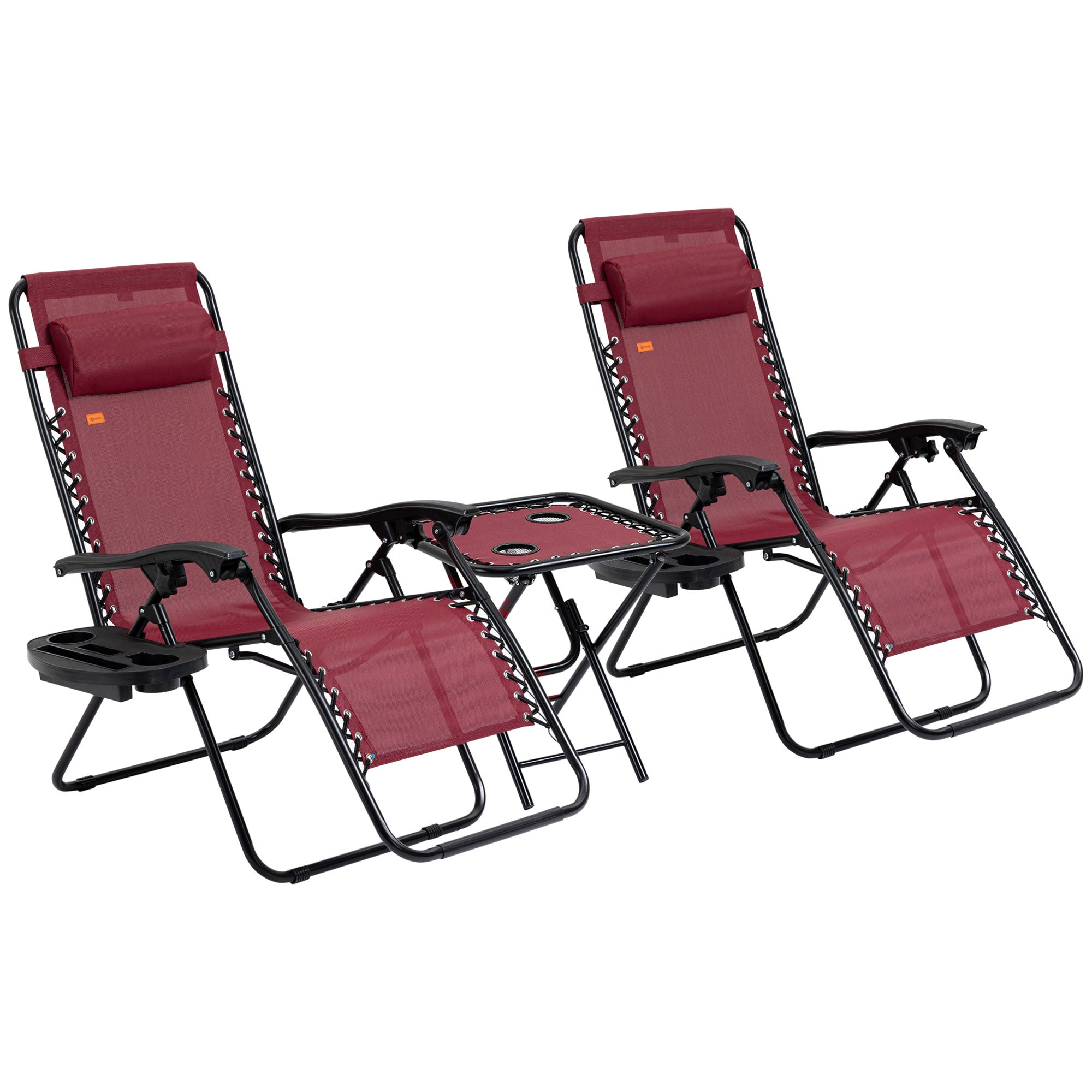 Zero Gravity Chair Set with Side Table, Folding Reclining Chair with Cupholders & Pillows, Adjustable Lounge Chairs for Pool, Backyard, Lawn, Beach, Wine Red