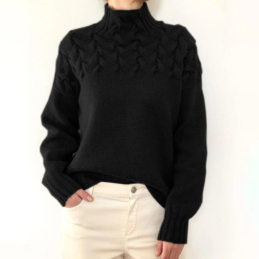 Fashion Cable Braided Detail Turtleneck Long Sleeve Sweater Women