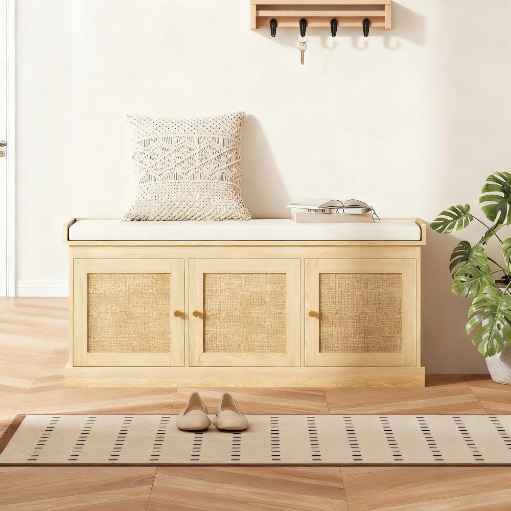 Shoe Storage Bench With Woven Rattan Doors, Shoe Bench