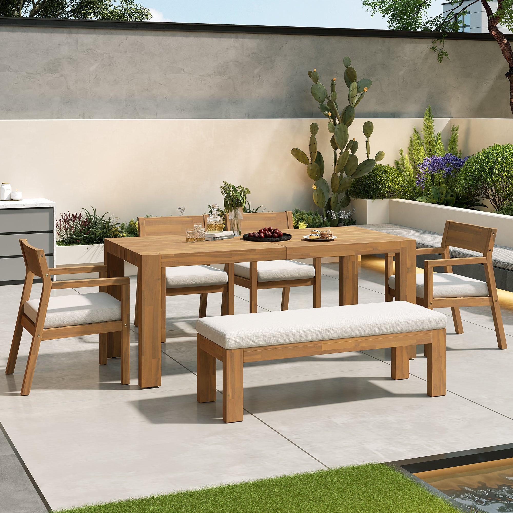 TREXM Patio Dining Table Set For 6  Outdoor Furniture Sets With Umbrella Hole  71 Rectangular Table  Chairs And Bench With Removable Cushions For Backyard  Garden  Poolside  Light Teak Beige Cushion