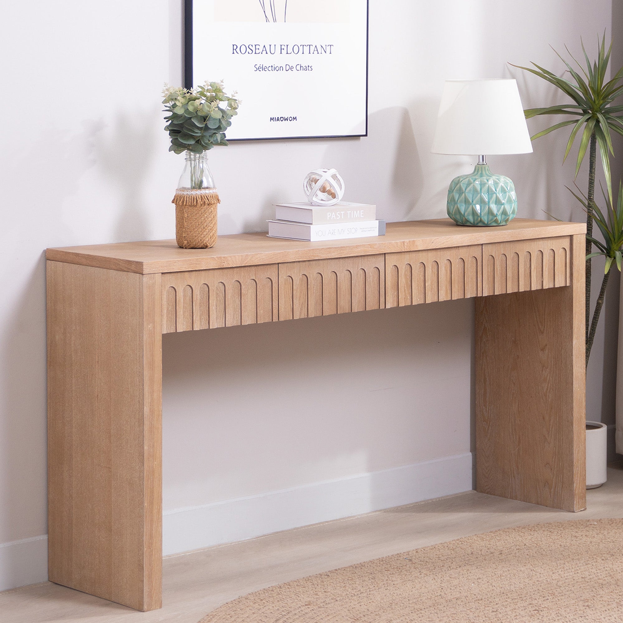 Modern Console Table With 4 Drawers  59.2  Entryway Table In Natural Wood Finish