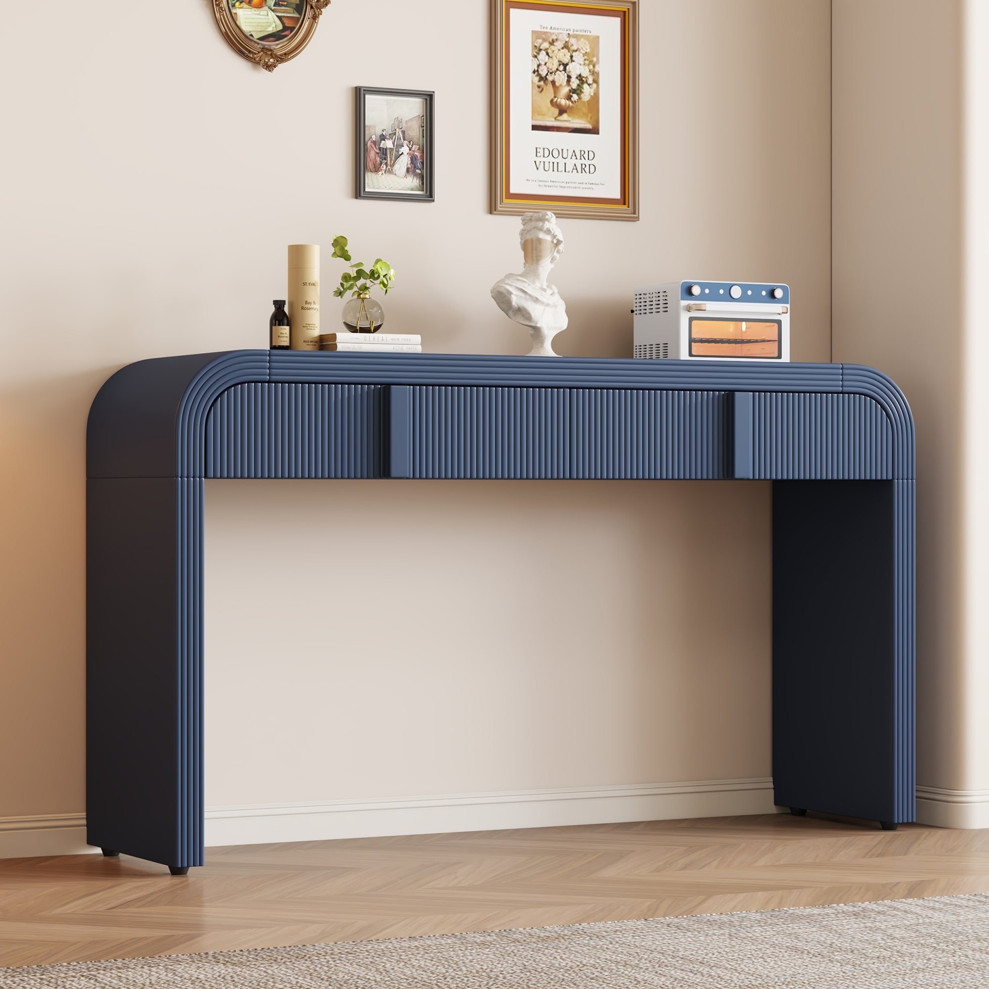 TREXM Modern Console Table With 2 Storage Drawers  Fluted Entryway Table With Rounded Silhouette For Hallway Living Room And Entryway  Navy Blue