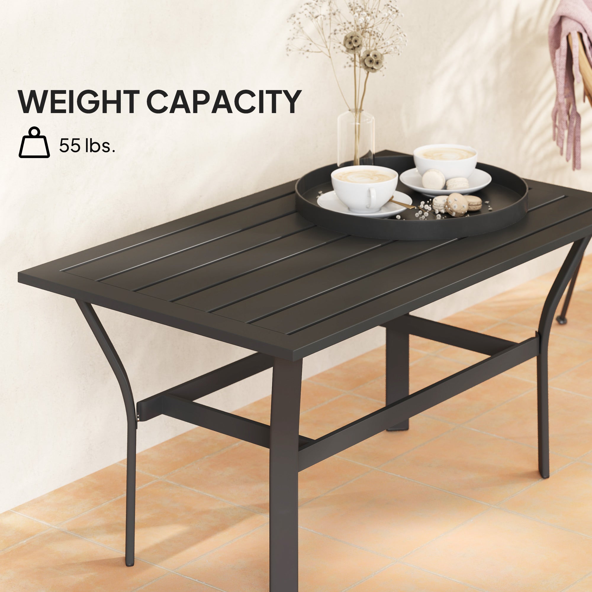 Outdoor Coffee Table with Slatted Tabletop, All-Weather Rectangle Metal Patio Coffee Table for Garden, Black