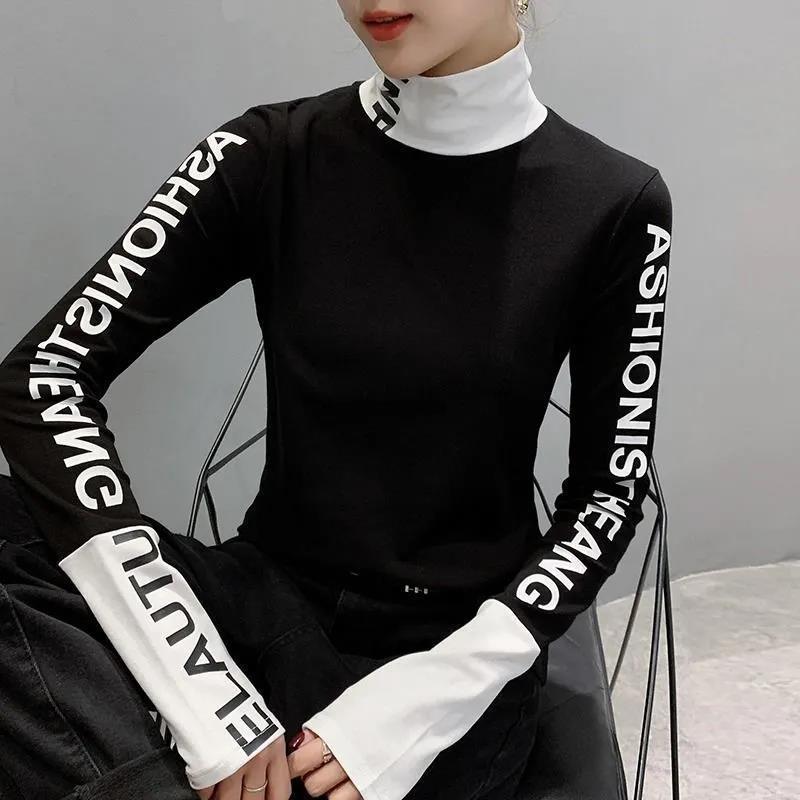 Women's Fashion Black And White Printed Long-sleeved Top Turtleneck Bottoming Shirt