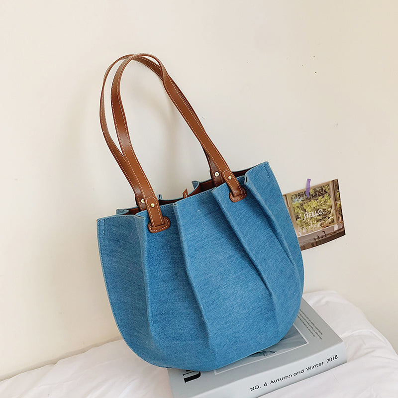 New Fashion Canvas Denim Pleated Tote Shoulder Bag