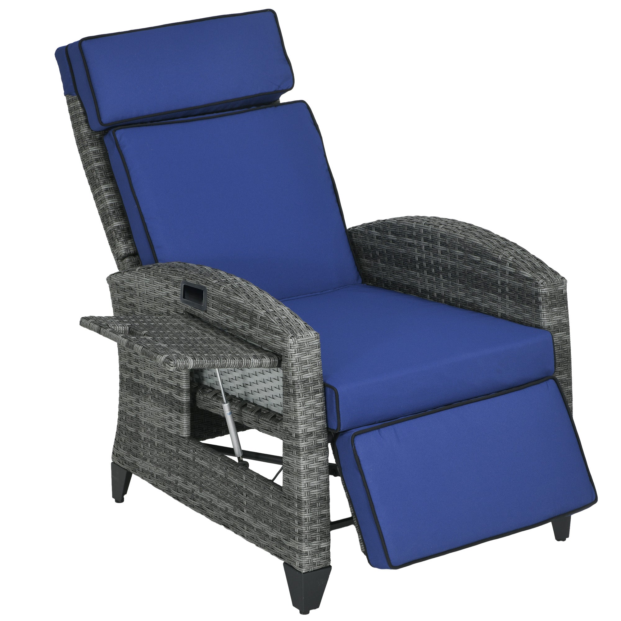 Outdoor Recliner Chair with Cushions, Reclining Patio Lounge Chair with Adjustable Footrest, Armrests, Tray Table, Blue