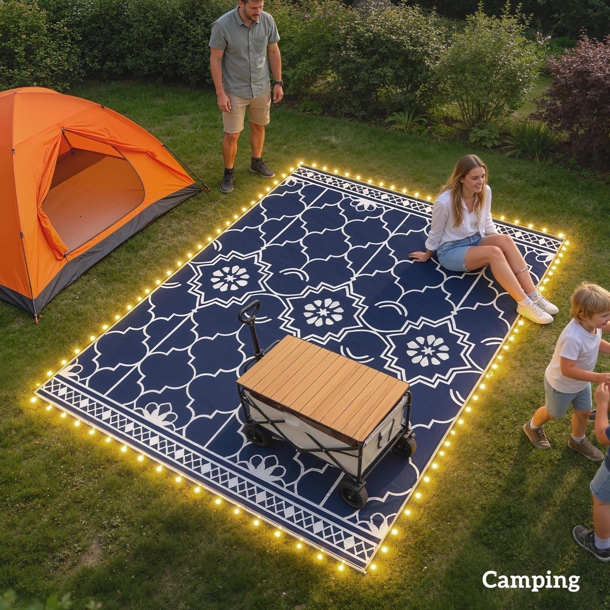 Reversible Outdoor Rug Carpet with LED Lights, 10' x 8' PP Straw Rug with Carry Bag and Ground Stakes