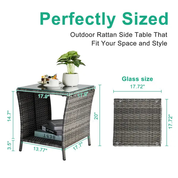 Outdoor Patio Wicker Side Table, Square End Table Bistro Coffee Table With Glass Top Storage Shelf For Porch Garden Backyard Grey(SAME AS 19215985)
