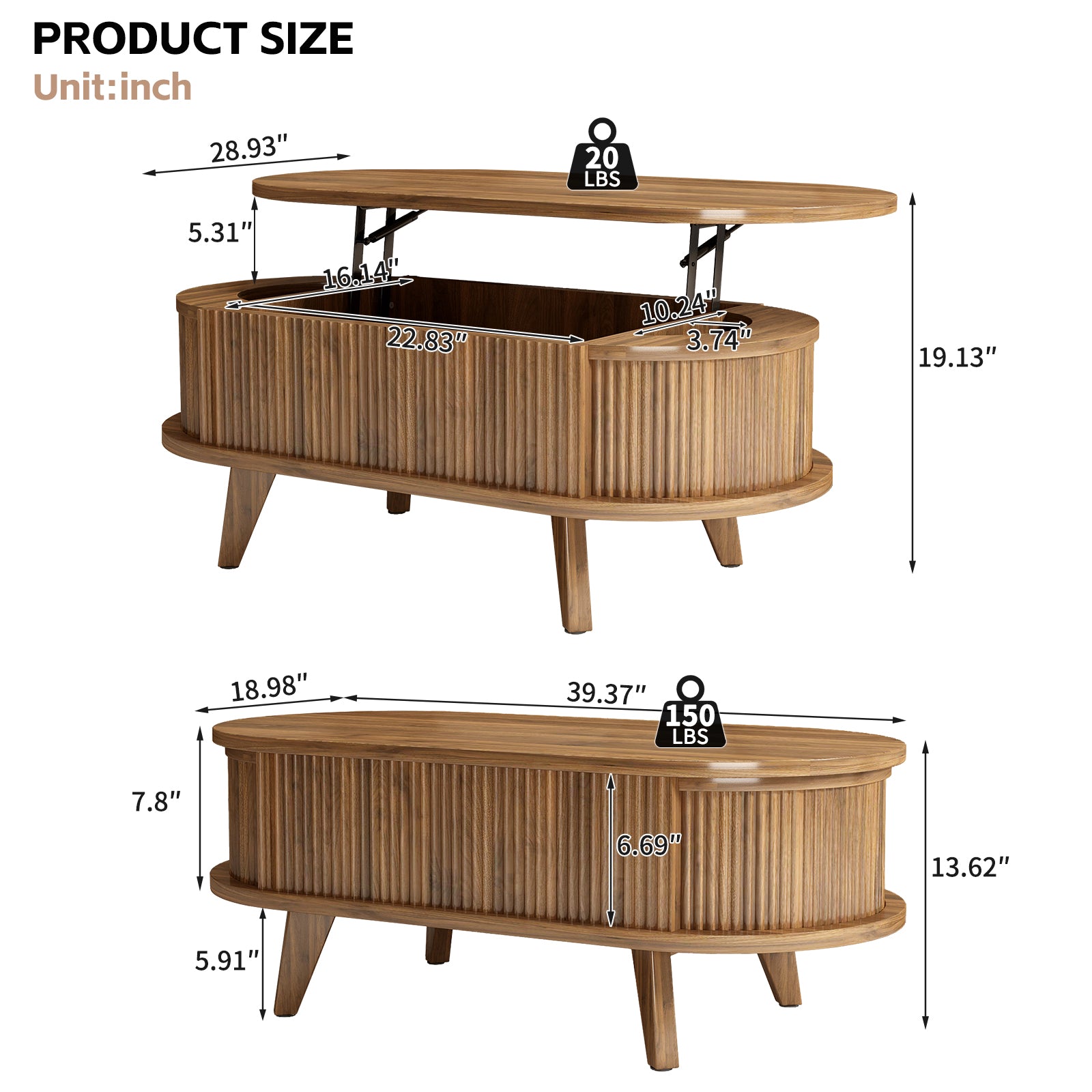 Fluted Lift Top Coffee Table With Hidden Compartment, Wooden Center Table, Modern Oval Lift Tabletop For Home Living Room Office, Walnut Brown Color