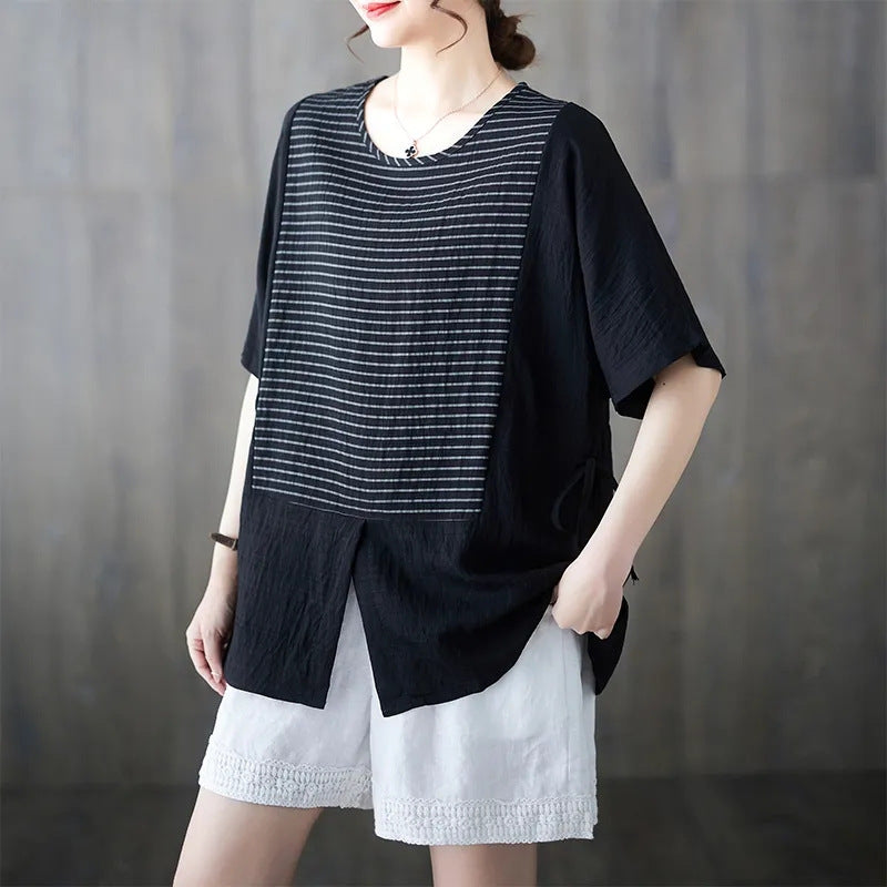 Cotton And Linen Plus Size Women's Clothing Short-sleeved T-shirt Loose Striped Stitching