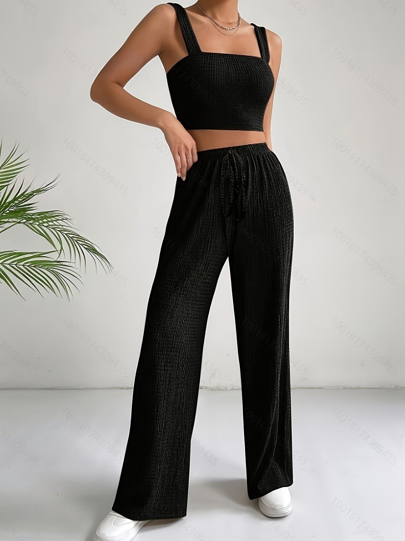 Elegant Solid Color Textured Pantsuits, Sleeveless Crop Cami Top & Drawstring High Waist Wide Leg Pants Outfits, Women's Clothing