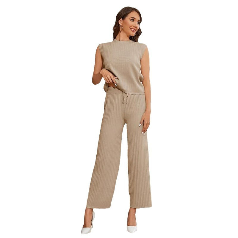 Women's Sweater Suit Sleeveless Top High-waisted Trousers