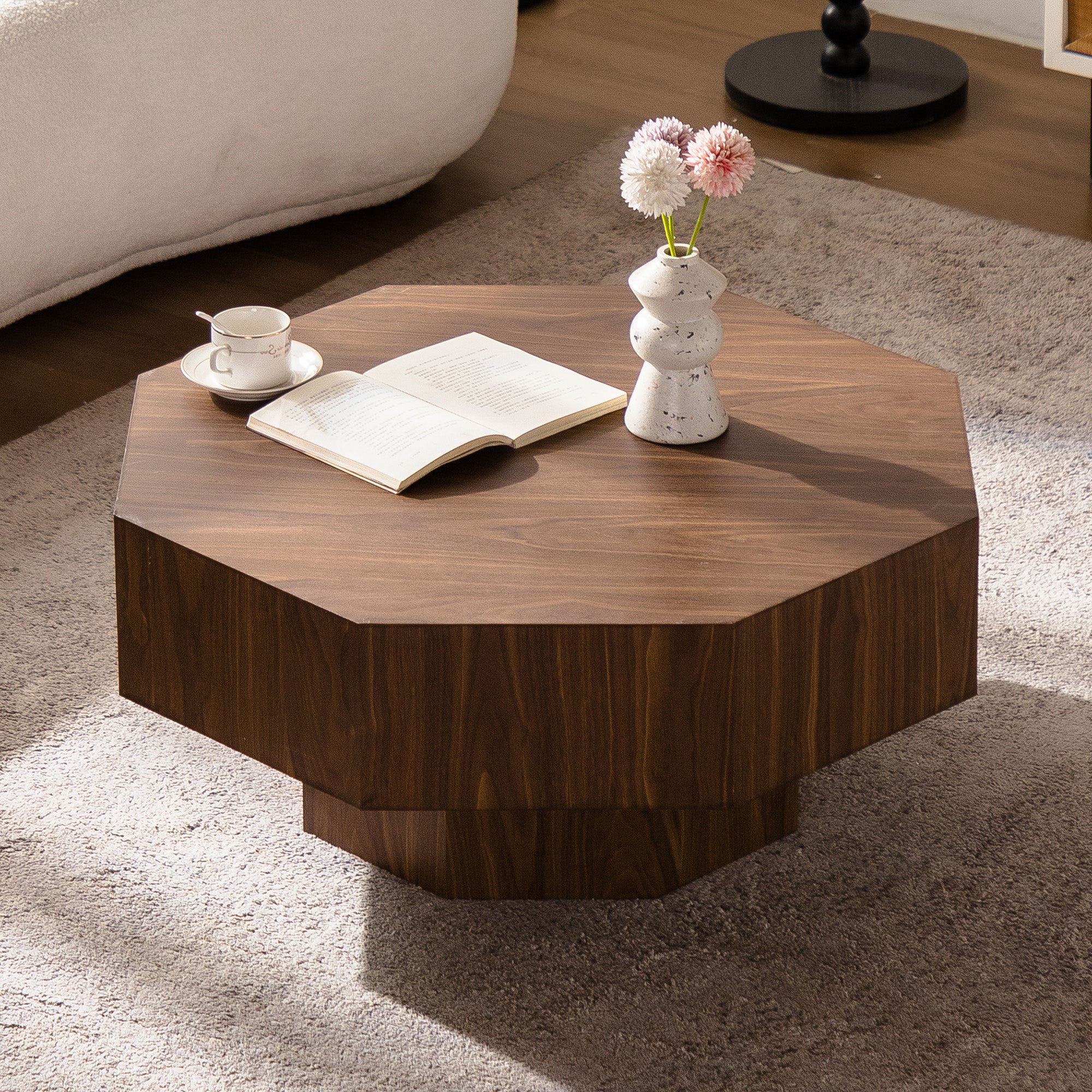 30.51 Inch Coffee Table Wooden Octagonal-Shaped For Living Room Walnut Suitable For Bedroom, Living Room, Office
