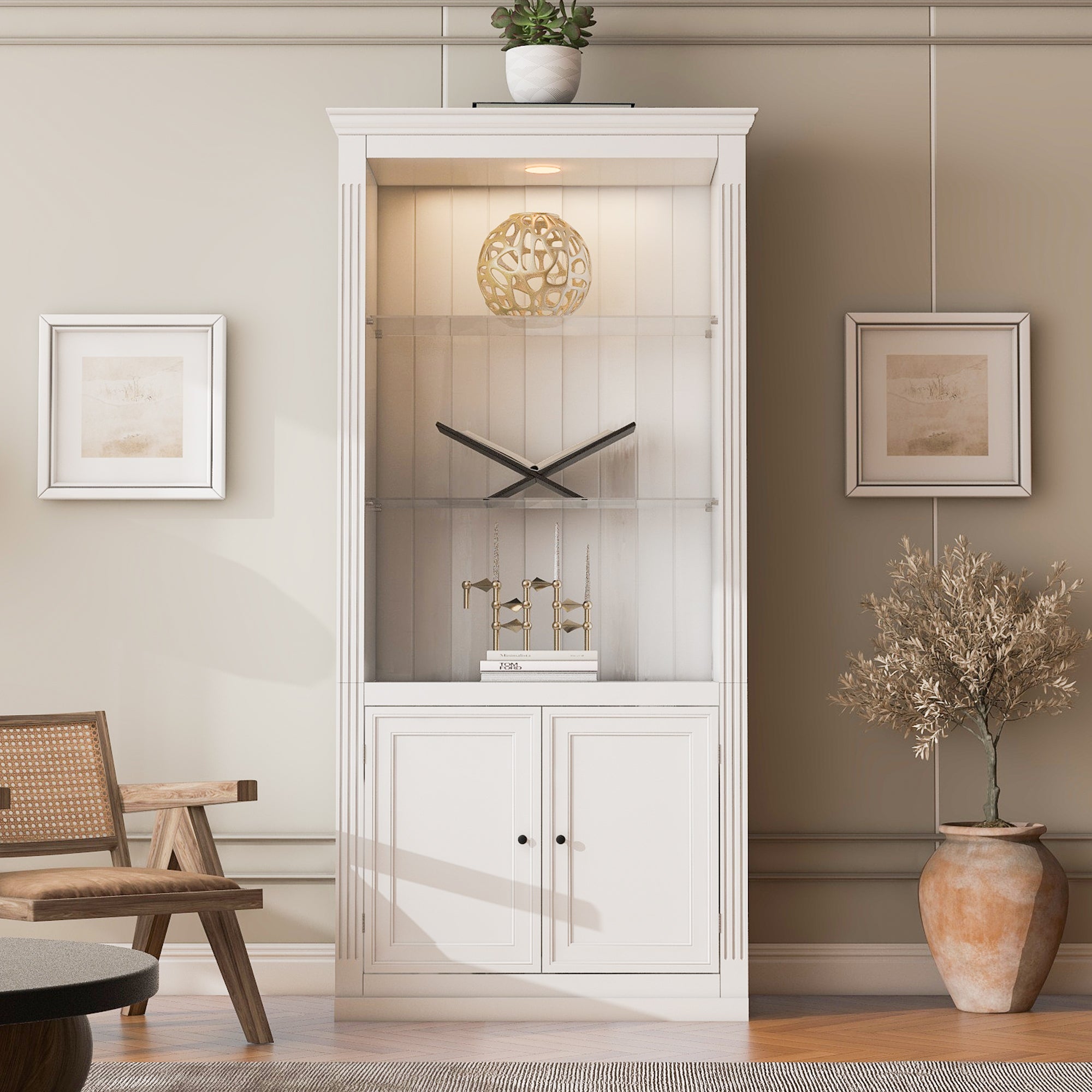 78.75 H 4-Tier Display Shelf, With 5-Colors Dimmable Ceiling Light, Freestanding Farmhouse Bookcases With Storage & Doors, Bookshelf With Adjustable Glass Shelves For Home & Office - White