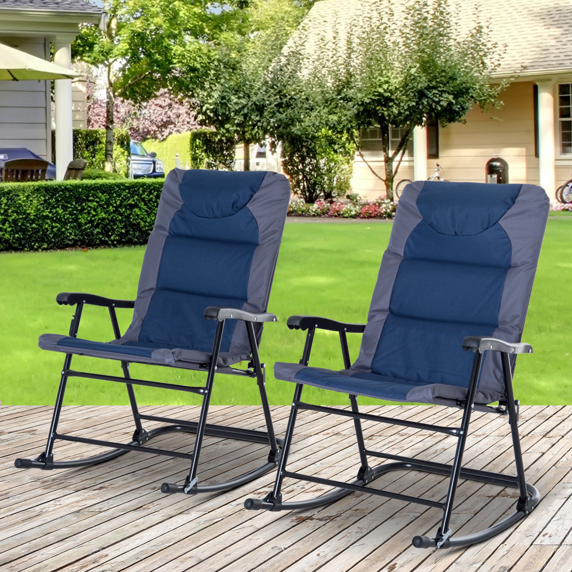 2 Piece Outdoor Patio Furniture Set With 2 Folding Padded Rocking Chairs, Bistro Style For Porch, Camping, Balcony, Navy Blue