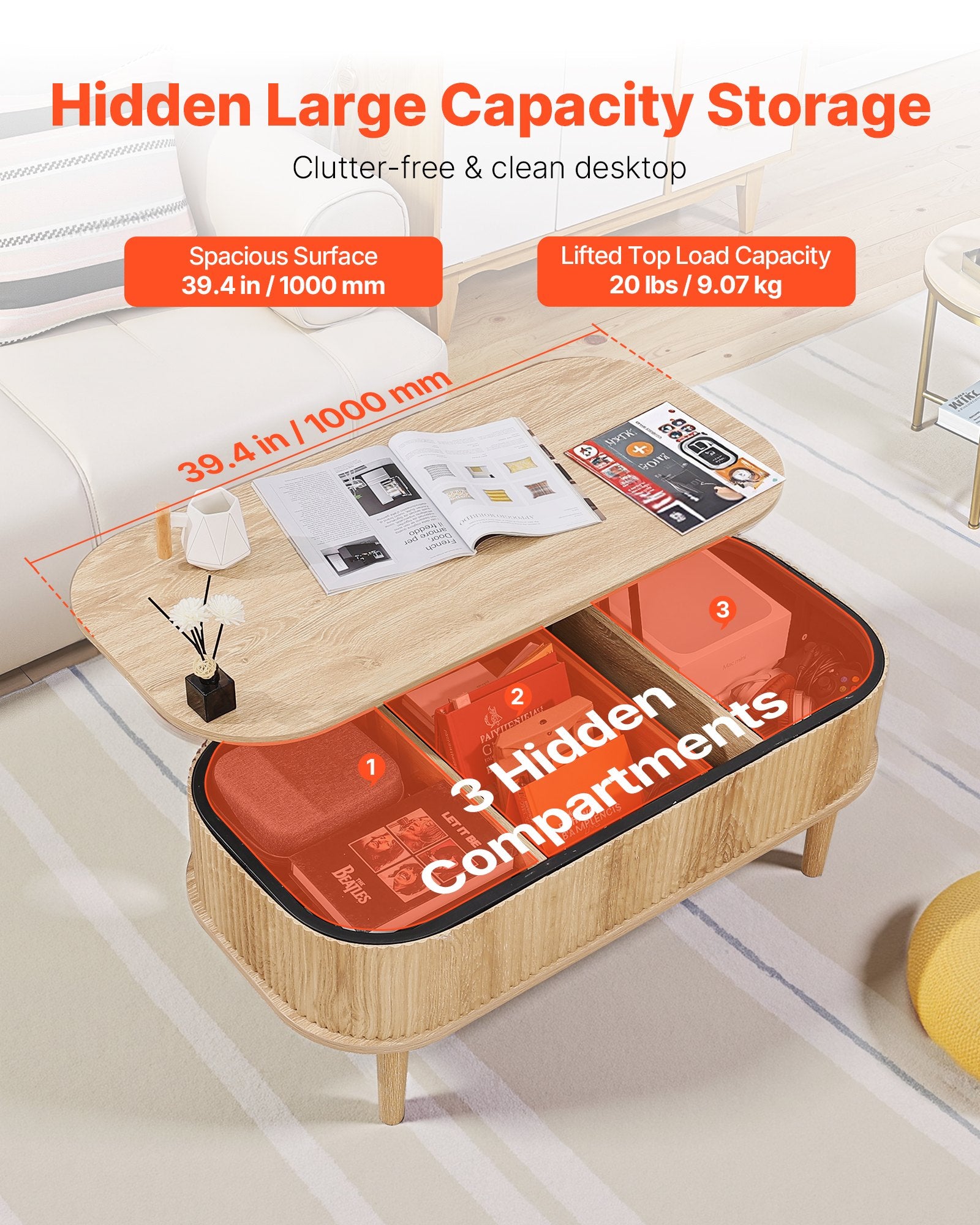 39.4 In Lift Top Coffee Table, Fluted Oval Coffee Table With 3 Hidden Compartment, Mid Century Wooden Oval Center Desk With Storage, Lift Up Tabletop For Home & Office, Easy Assembly, Burlywood