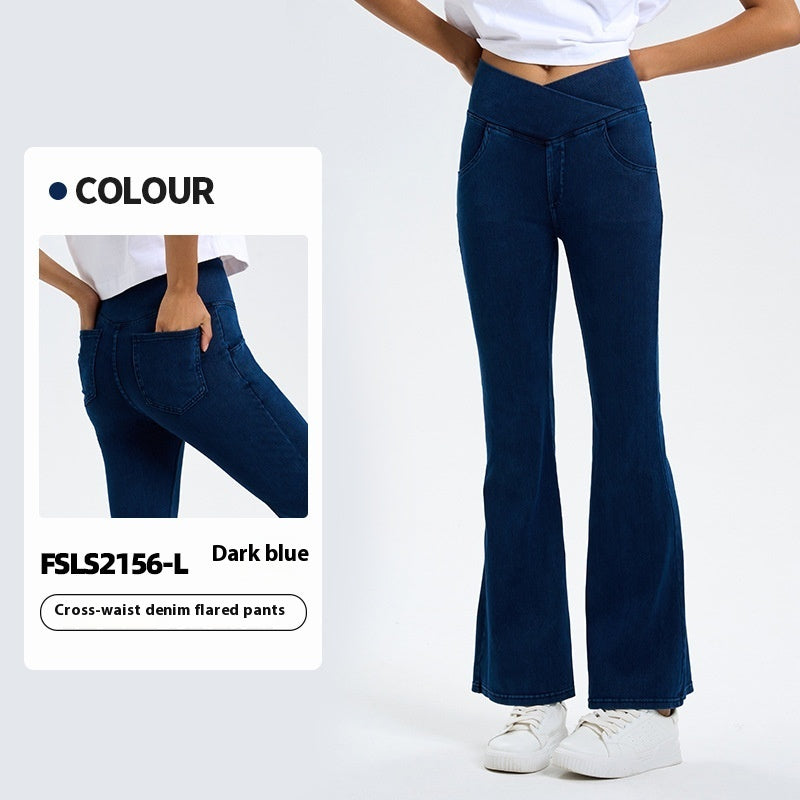 Cross Waist Jeans Women's High Elastic Hip Lifting Sport Bell-bottom Pants