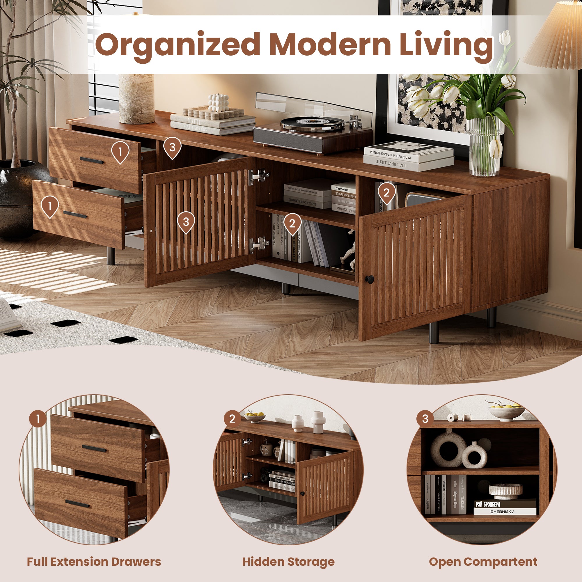 78 Inch Modern TV Stand For TVs Up To 85, Entertainment Center With Deep Drawers & Cable Management, Soft-Closing Hinges, Solid Wood Legs For Living Room