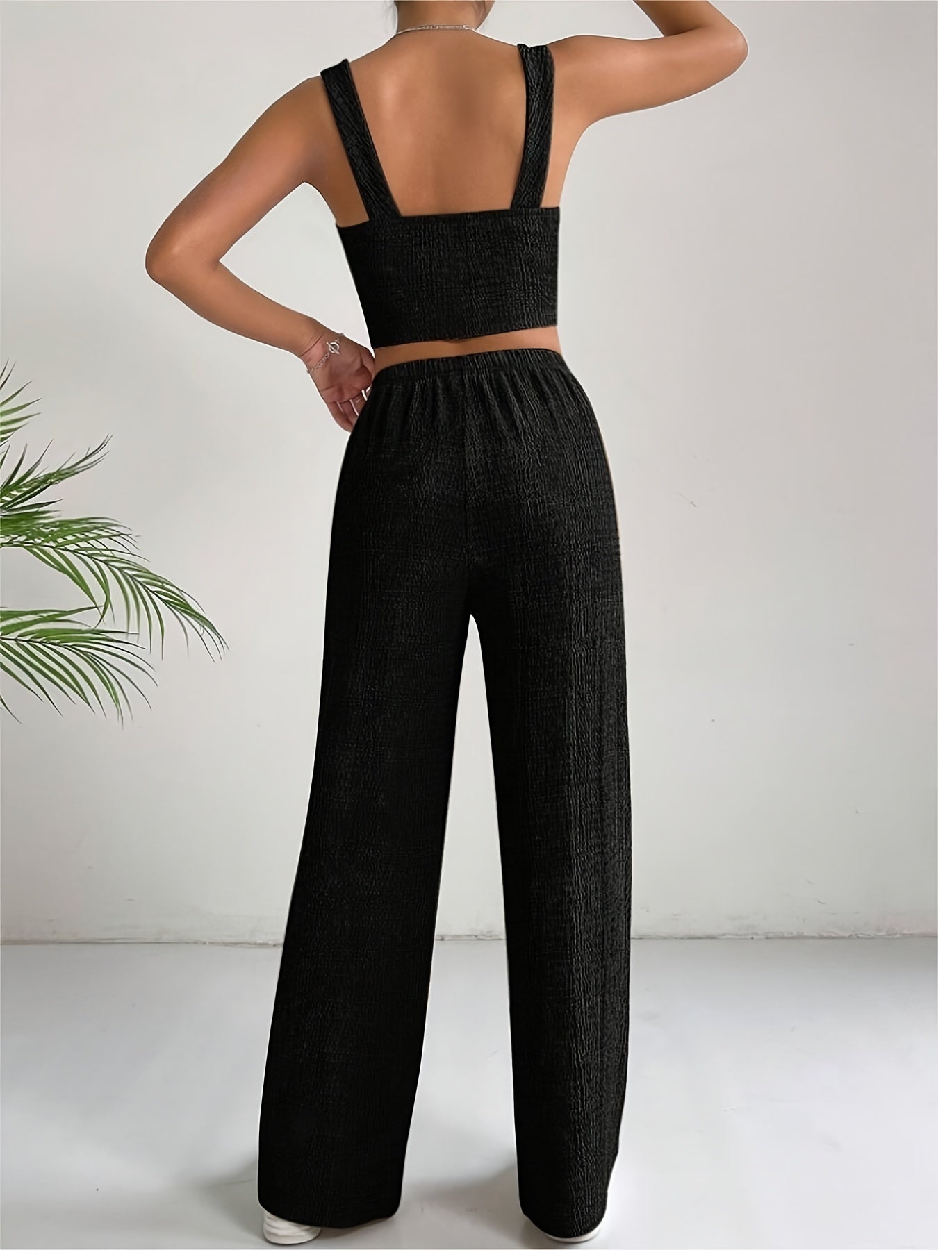 Elegant Solid Color Textured Pantsuits, Sleeveless Crop Cami Top & Drawstring High Waist Wide Leg Pants Outfits, Women's Clothing