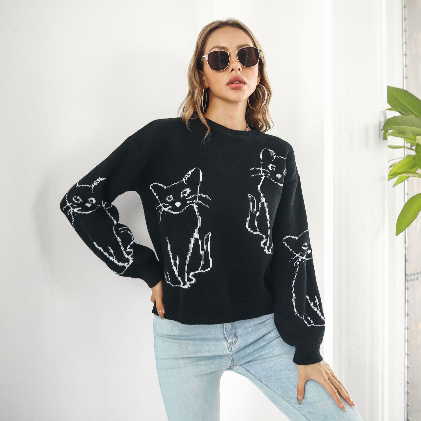 Loose Autumn And Winter Long Sleeve Cat Brocade Sweater Women