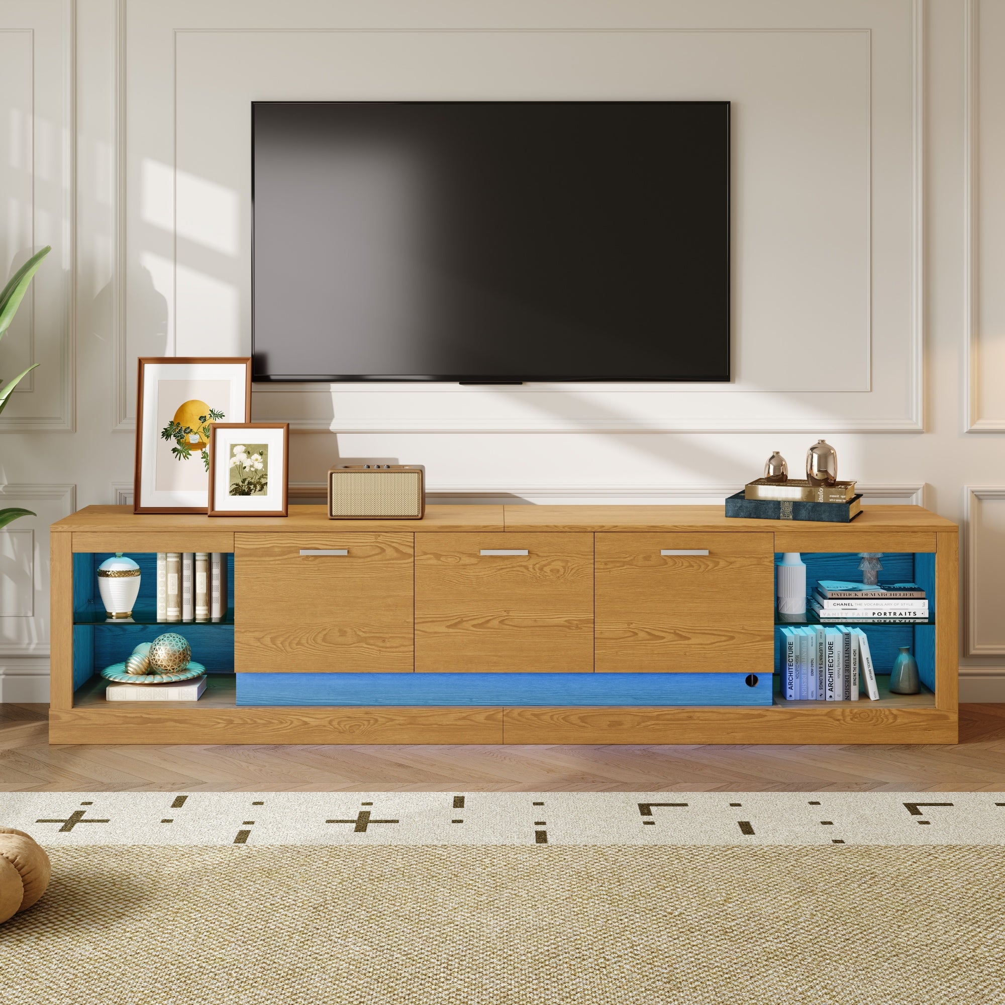 78 Modern TV Stand With 6 Cabinets& 2 Open Compartments, Entertainment Center For TVs Up To 90, Television Console For Living Room, Bedroom, Home Theatre