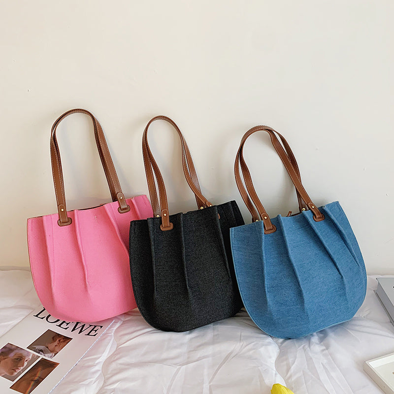 New Fashion Canvas Denim Pleated Tote Shoulder Bag