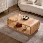 Modern Open-Frame Elegant Curved Light Wood Coffee Table With Open Storage For Contemporary Living Rooms