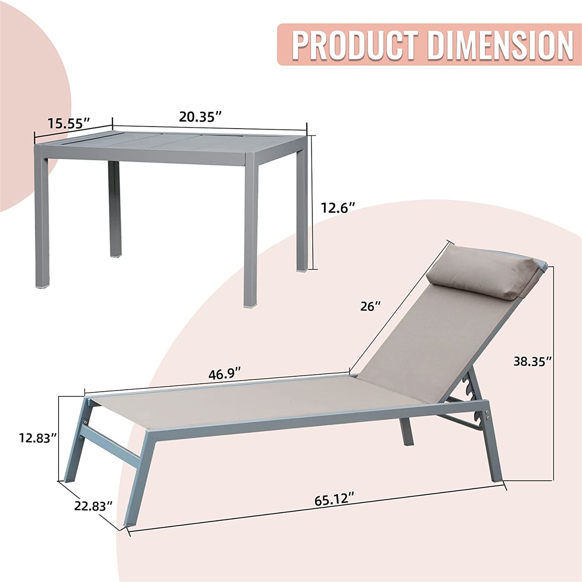 Patio Chaise Lounge Set Of 3, Aluminum Lounge Chairs With 5 Adjustable Positions, Outdoor Chaise Lounge For Pool, Deck, Garden, Backyard, Sunbathing  Khaki,2 Lounge Chairs 1 Table