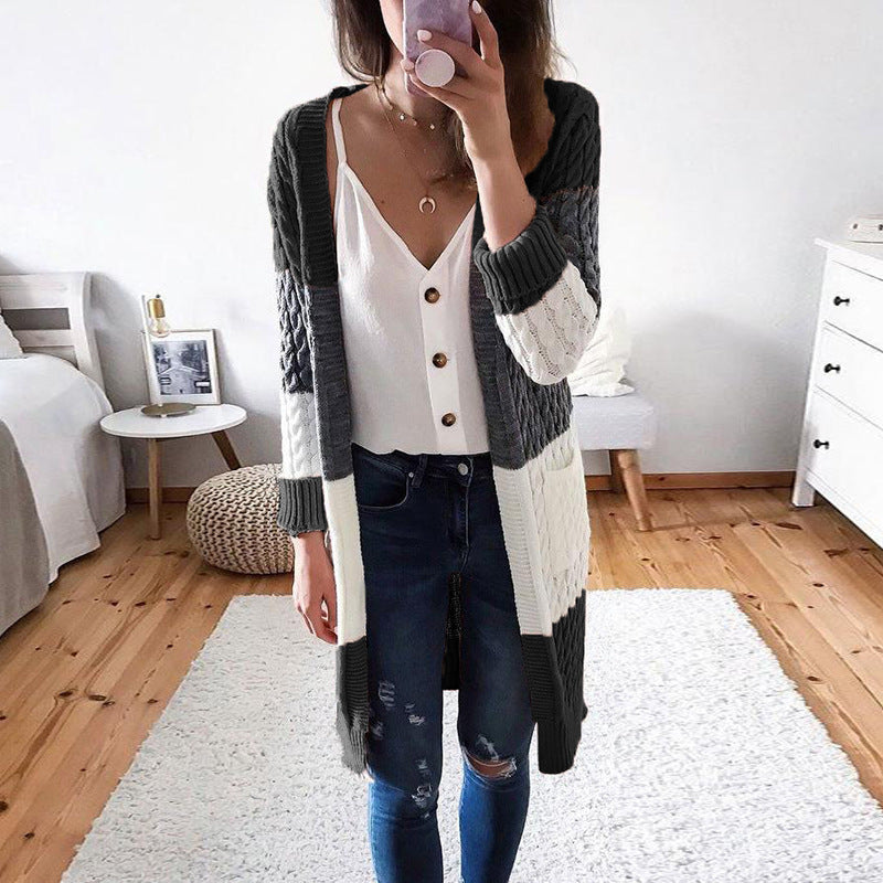 Women Stripe Stitching Contrast Twist Cardigan Sweater