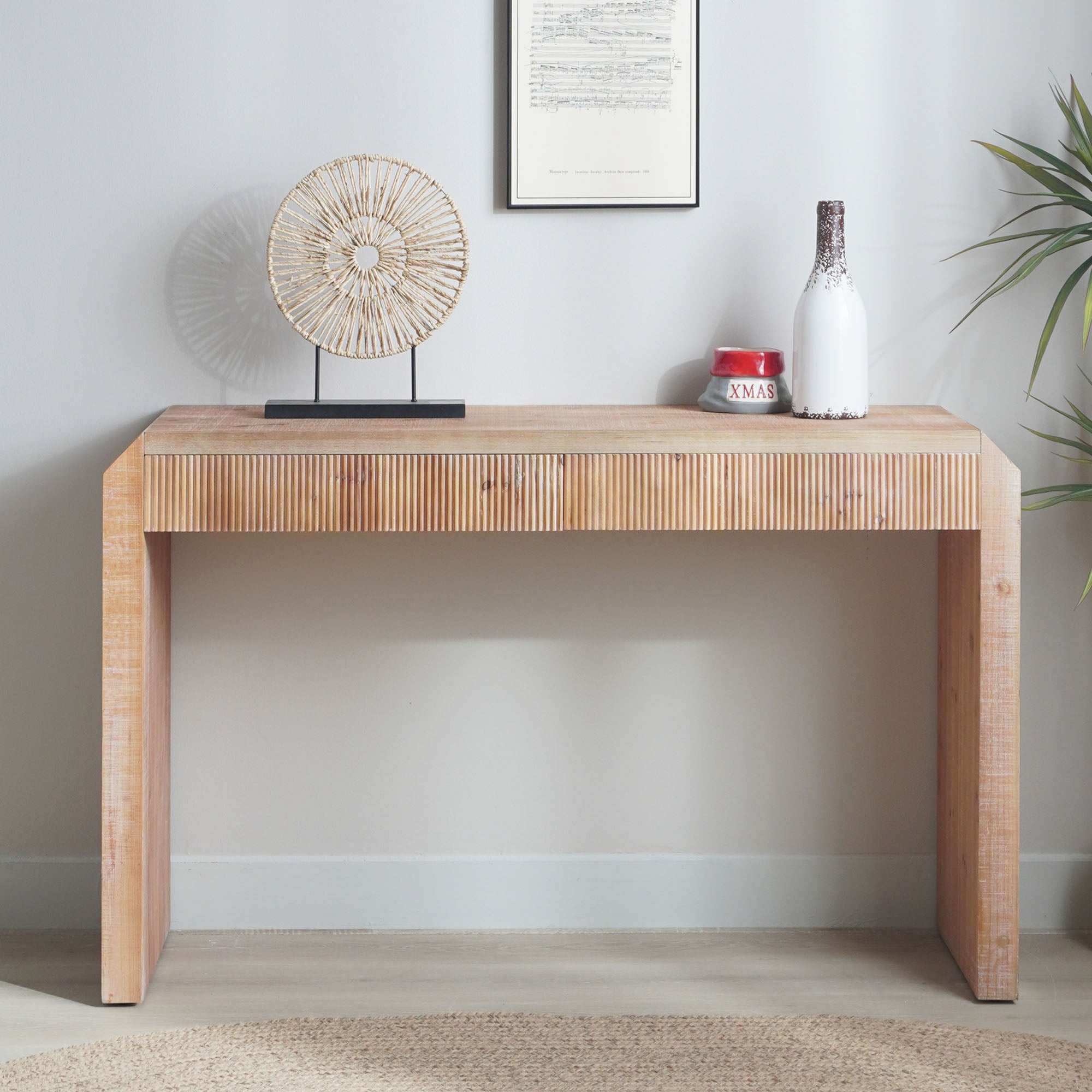 Rustic Wooden Console Table With Drawer- Minimalist Design, Ribbed Texture, And Natural Finish