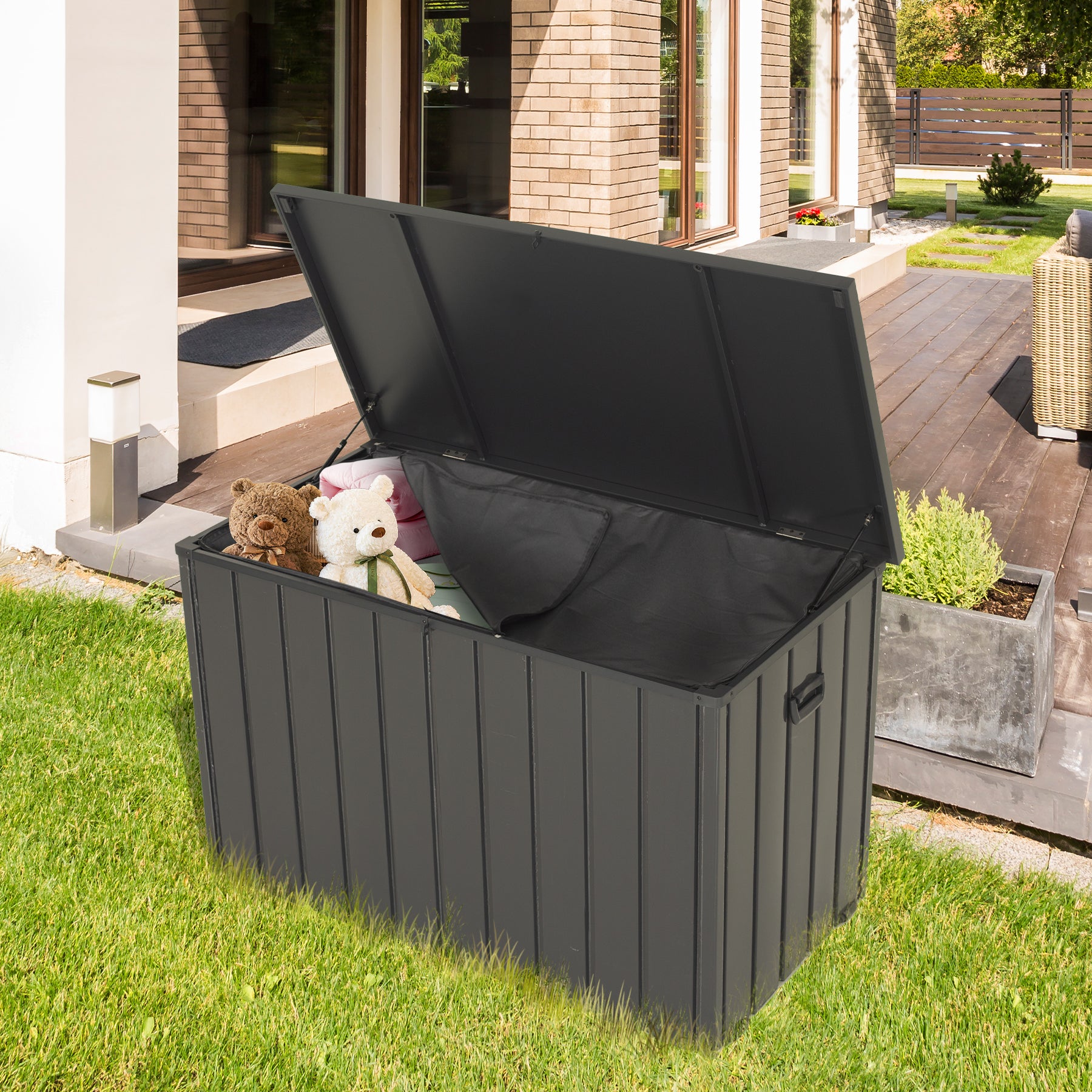 Outdoor Storage Box, 100 Gallon Metal Deck Box Built-in A Oxford Fabric Storage Bag, Lockable & Waterproof Outside Patio Storage Box - Gray