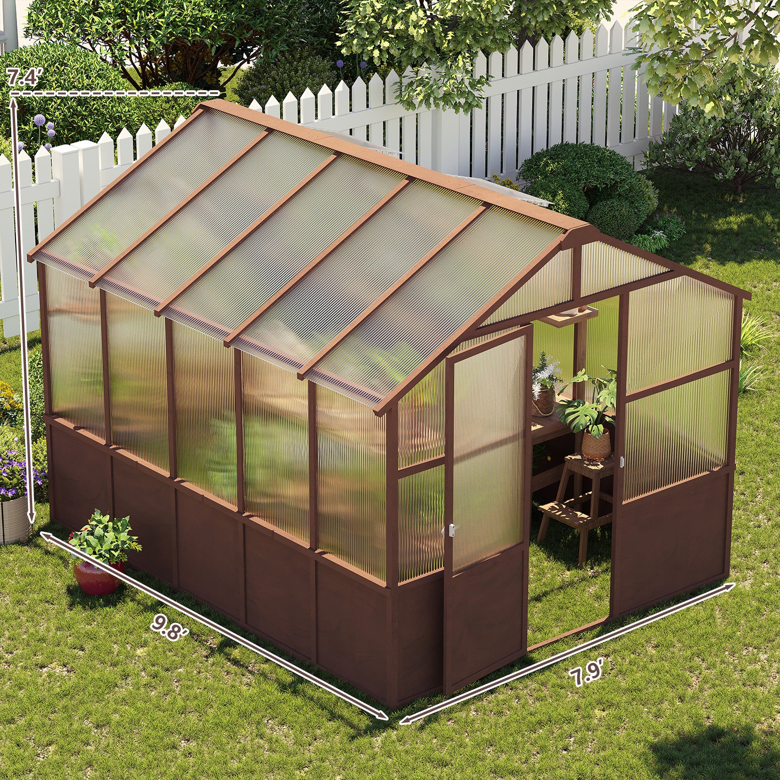 8x10 FT Greenhouse Kit, Wood Greenhouses With 6MM Polycarbonate Panel, Green House With Adjustable Vent & Lockable Door, Walk-in Greenhouse For Outside, Garden,