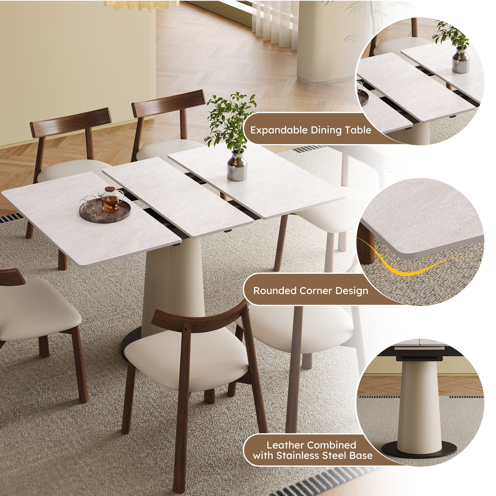 Retractable Rock Slab Dining Table Set  Modern 7-Piece Expandable Table With 6 Wooden Leg Chairs & Leather-Wrapped Base  Space Saving Kitchen Set For Small Apartments