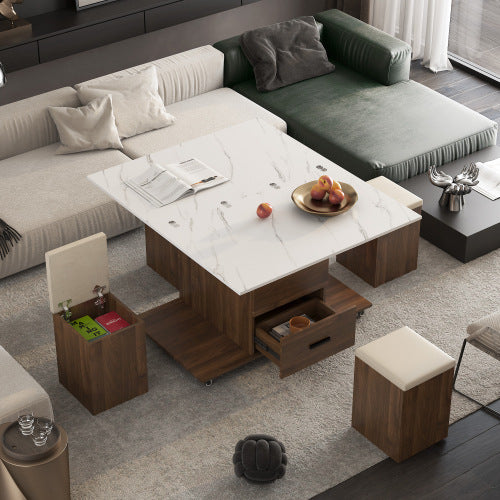 Modern Lift-Up Coffee Table With 4 Stools Set For Living Room Expandable 1 Hidden Storage 2 Drawers Space Saving Folding Dining Table