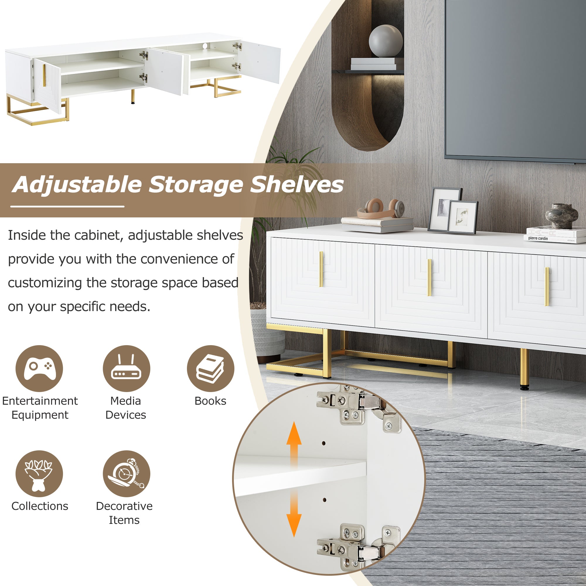 ON-TREND Modern TV Stand With Metal Legs And Gold Handles For TVs Up To 80'', Media Console Table With Cabinets And Adjustable Shelves, Luxury TV Cabinet With Geometric Lines For Living Room, White