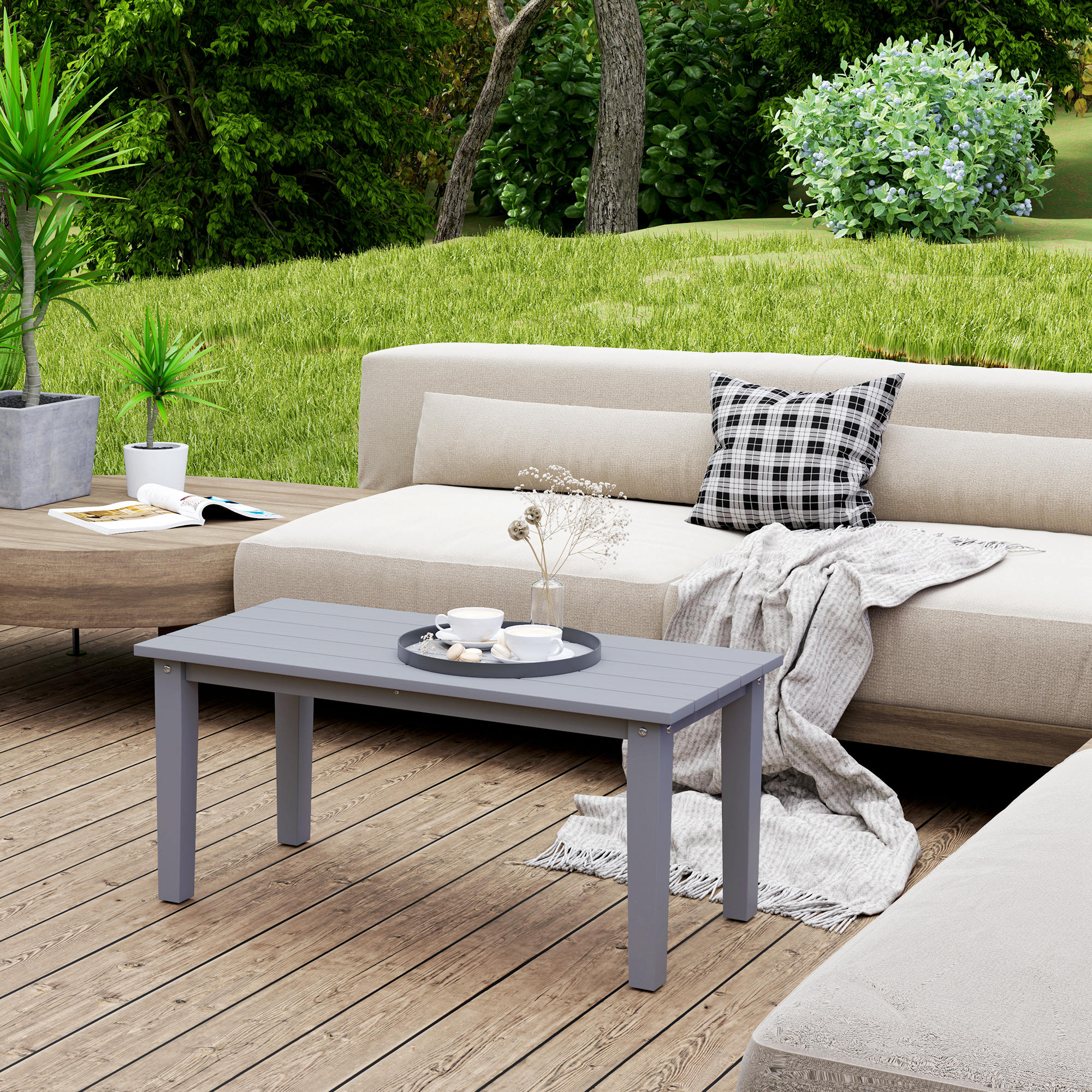 Rectangle Outdoor Coffee Table, HDPE All-Weather Outdoor Patio Table With Slatted Tabletop For Yard, Balcony, Gray