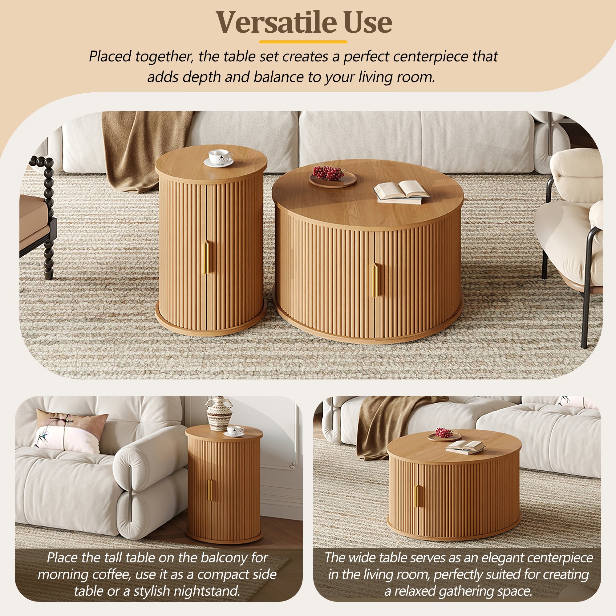 Mid-Century Coffee Table Set With Sliding Tambour Door, Round Fluted End Table With Storage, Golden Handle Tall & Low Side Table With Wooden Finish For Living Room, Set Of Two ,Natural