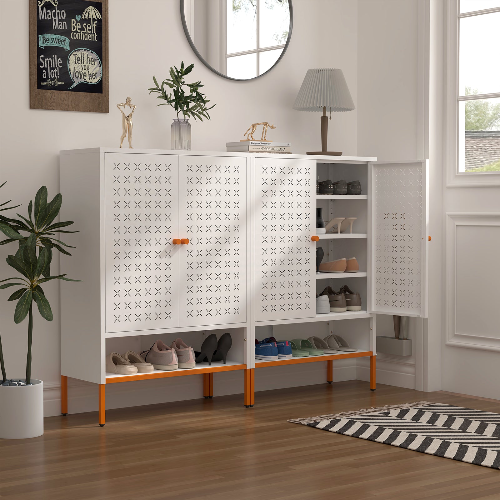 Grid Double Door Shoe Cabinet, Three Adjustable Compartments For Flexible Storage, Suspended Hollow Shoe Changing Compartment, Bottom 15cm Moisture-proof High Foot Design