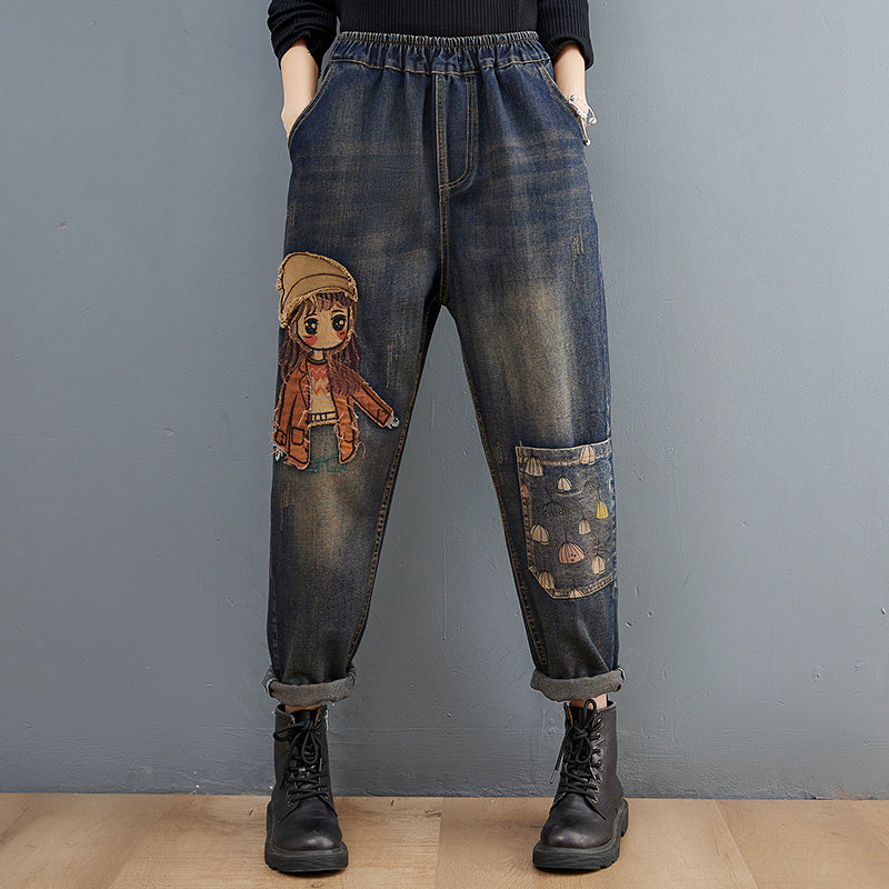 Cartoon Stickers Embroidered Jeans For Women