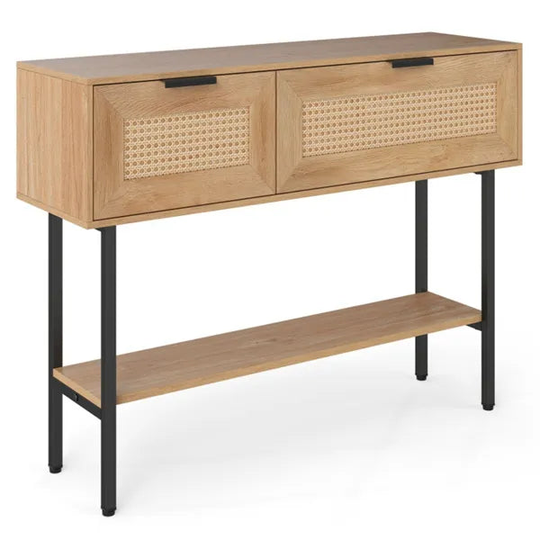 Natural Rattan Console Table With Storage Cabinets & Open Shelf, 40 Inch Entryway Table With Sturdy Carbon Steel Frame For Living Room, Hallway, Sofa Table